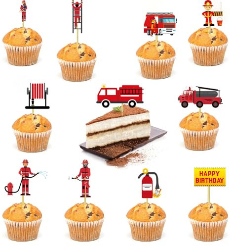 42 Stück Fire Truck Cupcake Toppers, Feuerwehr Geburtstagsfeier Deko, Fire Truck Cupcake Toppers, Geeignet für Mottopartys, Kindergeburtstage