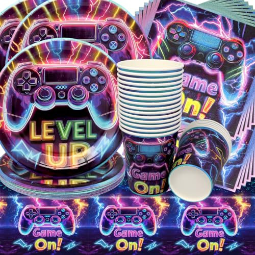 Doyomtoy Videospiel Geburtstag Deko, Partygeschirr Set Videospiel Geburtstag Party Set Geburtstagsteller Tassen Servietten für Party Zubehör Supplies 20 Gäste