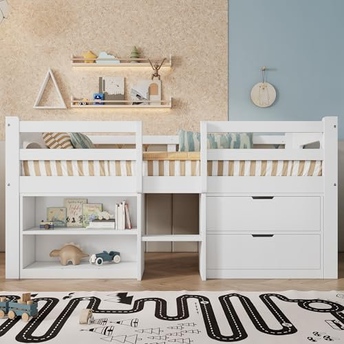 3ft Single Wooden Storage Beds With Storage Compartments and Large Drawers, Solid Pine Wood Cabin Bed Frame, Mid-Sleeper Loft Bed with Ladder and Guard Rail, For Kids Children Teens, White, 190x90 cm