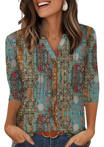 XIEERDUO Womens 3/4 Sleeve Tops Ladies Blouse V Neck Tunic Long Sleeve T Shirts Curved Hem Office Blue Prints Size 18-20 for UK