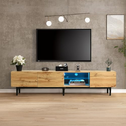 Jaxenor Meuble TV de 175 cm avec lumières LED variables, meuble TV avec compartiments de four, meuble TV avec 3 portes, meuble TV pour salon, meuble TV bas, chêne clair