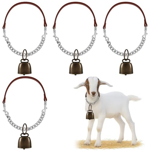Misdary 4 Pack Goat Collars with Bells, Adjustable Iron Goat Chain Halter 14''-24'' Long for Sheep Horse Dog Cow Calf Farm Animal Supplies Accessories Animal Lovers Gift (Brown)