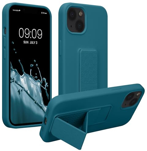 kwmobile Handyhülle für Apple iPhone 13 Hülle - TPU Silikon Case mit Fingerhalter und Stand - Schutzhülle Cover in Petrol matt