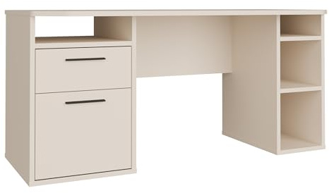 Forte TEZAUR Schreibtisch 160, moderner Schreibtisch mit Schublade, Tür und vielen Fächern, Jugendzimmer, Büro, Holzwerkstoff, Kaschmir Beige, 160 cm breit x 75,7 cm hoch x 72 cm tief