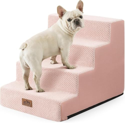 Escaliers pour Chiens à 4 Marches, Rose Escalier Large pour Chats | Base antidérapante, housse amovible et lavable, mousse haute densité 30D, pour lit et canapé, petits chiens et chats, 60CM H