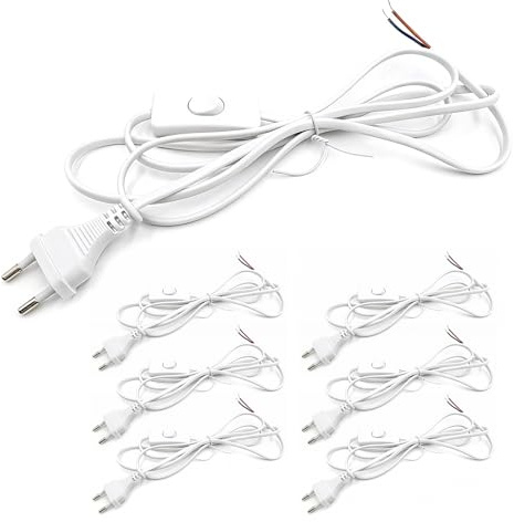 Lot de 6 câbles avec prises, cordons d'alimentation Blanc de 1,8 mètre, câbles de connexion avec prises, cordons d'alimentation avec interrupteur, pour ampoules, lampes, lampes de table et lampadaires