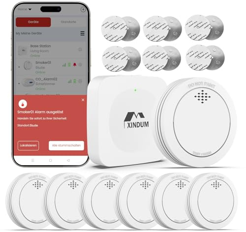 Rauchmelder WLAN mit Basisstation, 10 Jahre Smart Feuermelder, TÜV-Rheinland EN 14604, Rauch Melder Vernetzt mit austauschbarer Batterie, kein LED-Blinken, kompatibel mit APP, 6er Set