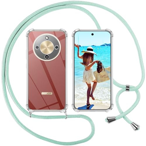 ISOI Coque pour Honor Magic 8 Lite avec Cordon - Tour de Cou Lanière en Corde - Transparente Silicone Housse avec Cordage Lanyard，Vert