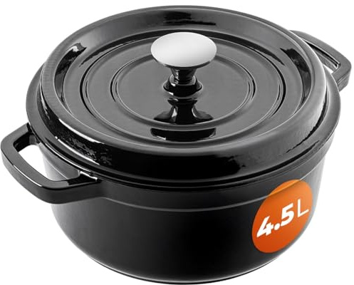 KADAX Pentola in ghisa 4,5 litri, Ø 23 cm, pentola in ghisa smaltata, rotonda con coperchio, per stufare, arrostire, cucinare e cuocere, casseruola (nero)