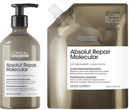 L'Oréal Professionnel Shampoo für Strukturgeschädigtes Haar, Zur Molekularen Tiefenreparatur, mit Peptidbondern und 5 Aminosäuren, Serie Expert, Absolut Repair Molecular, 500ml Shampoo + 500ml Refill