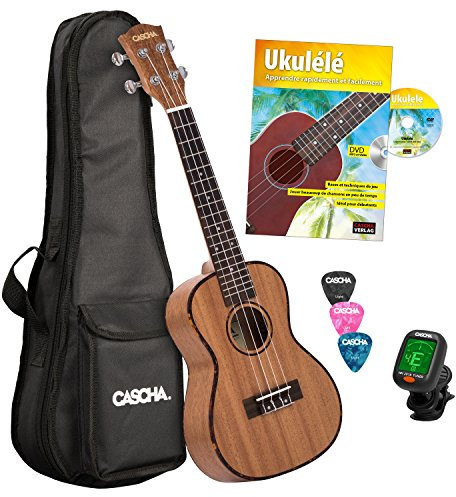 CASCHA HH 2036 FR Premium Mahagoni Konzert Ukulele Bundle mit französischer Ukulelenschule, Stimmgerät, gepolsterter Tasche, 3 Picks und Aquila Qualitäts-Saiten