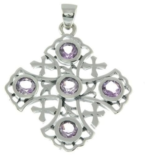 Jerusalem Kreuz Sterling Silber 925 Anhänger mit 5 lila Edelsteinen