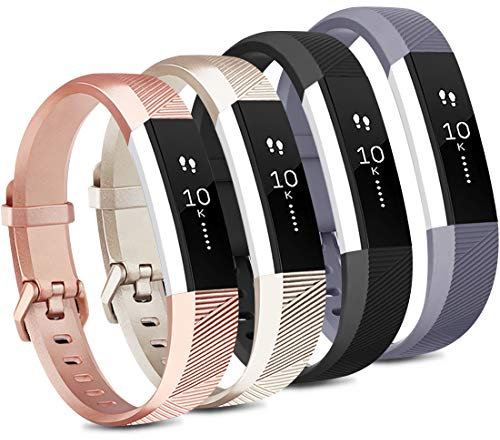 Tobfit Kompatible Bänder Ersatz für Fitbit Alta Armbänder und Fitbit Alta HR Classic Zubehör Bänder für Frauen und Herren, 4 Stück, klein/groß, 02 Gold+Rose Gold+Gray+Black, Large