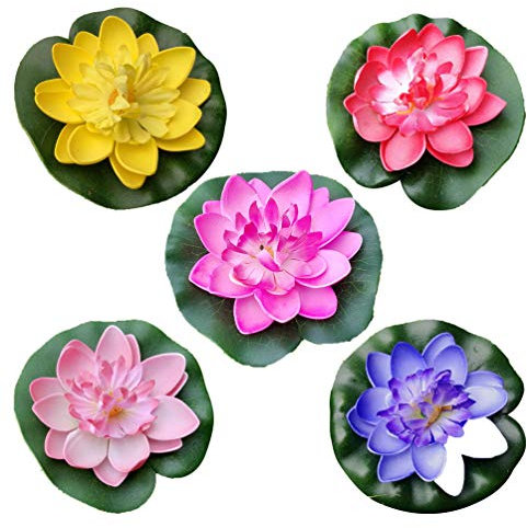 Wakauto 5 Stück Künstliche Wasserlilie Lotusblüte Blumen Deko Pflanzen Schwimmende Teich Decor Seerose Realistische Schaumseerose-Lotusblume für Hausgarten-Terrassenteich