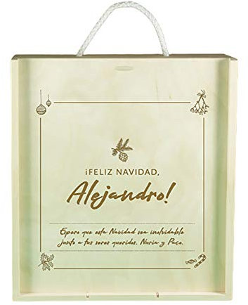 Regalo personalizado para hombres: kit personalizado deluxe con botella de vino, copas de vino y tarjeta de felicitación navideña en caja de madera