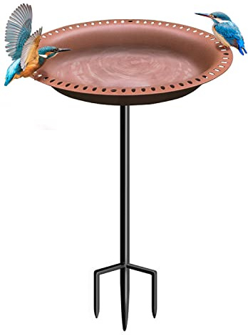 Eazielife Vogeltränke für den Außenbereich, leicht, für Garten, Vogeltränke, freistehend, antik, mit Metallpfahl, 71 cm hoch, oval, Braun (1 Stück)