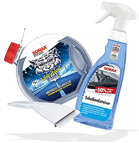 detailmate SONAX Winterset: WinterBeast AntiFrost + KlarSicht 3L PET Scheibenreiniger mit intensivem Duft für die Scheibenwaschanlage + Scheibenenteiser Sprühflasche 750ml mit Citrusduft + Eiskratzer