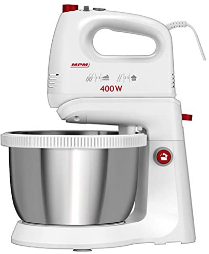 MPM MMR-21Z Teigknetmaschine mit Rotierender Schüssel 3,5 L, BPA frei, Knetmaschine Küchenmaschine, 5 Geschwindigkeiten + Turbo, Knetstangen und Knethaken aus Edelstahl, Weiß, 400W