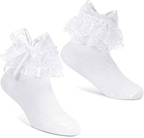 Geyoga Girls Frilly White Lace Socks Cute Communion Decorative Christening Socks White Lace Frilly Vintage Bows Ankle Age 4-6 Girls