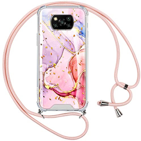 Vauki Funda para Xiaomi Poco X3 NFC/X3/X3 Pro Movil con Cuerda,Colgar Carcasa Marmol Glitter Silicona Colgante Collar Correa,Silicona PC Bumper Antigolpes Case con para Xiaomi Poco X3 NFC/X3 Pro,Rose