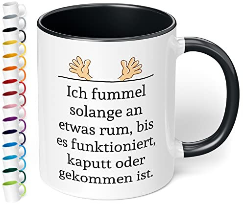 Büro-Tasse für Techniker & Handwerker „Ich fummel solange an etwas rum“ - Kaffeetasse mit lustigem Spruch – Geschenk für Kollegen, Chef, Mann, Frau zum Geburtstag, Weihnachten (Schwarz)