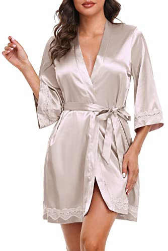 Vlazom Women's Satin Dressing Gown, Silk Lace Kimono Robe Soft Wedding Party Bathrobe 3/4 Sleeve Sleepwear with Oblique V-Neck,Dark Champagne, L
