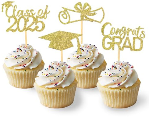 24 Stück Glitzer 2025 Graduation Cupcake Toppers, Abschluss Deko, Bachelor Hut Deko für Abschlussfeier Party, Graduation Dekoration (Gold)