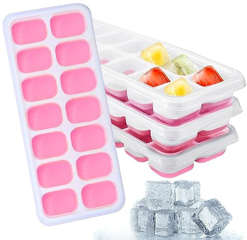 Phantasy® Eiswürfelform Silikon Mit Deckel 4 PACK, Platzsparend und Stapelbar Ice Cube Tray Eiswürfelbehälter für Babybrei Enfrieren, Gekühlte Getränke, Rosa