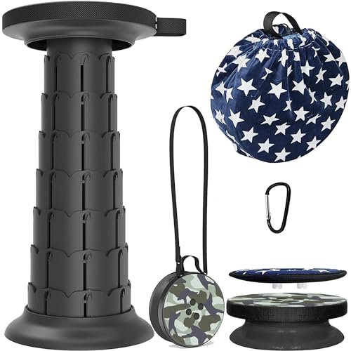 ALEVMOOM Tragbarer klapphocker mit Kissen,Campinghocker faltbar,hocker,werkstatthocker,teleskophocker Faltbarer für Erwachsene, Tragfähigkeit 550lb mit Tasche Karabiner (Grau Camouflage)