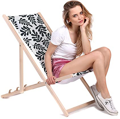DreamRoots Liegestuhl Klappbar Holz aus Buchenholz, bis 130 kg belastbar, 3-Fach verstellbare Rückenlehne, waschbarer Polyesterbezug