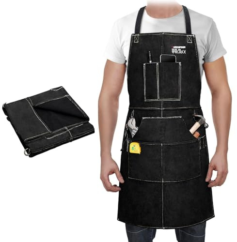 ARCCAPTAIN Leather Welding Work Apron 24 X 36 Heat Flame Resistant Cowhide Blacksmith Aprons with 6 Tool Pockets for Welders Men Women, Adjustable M to XXXL-Black