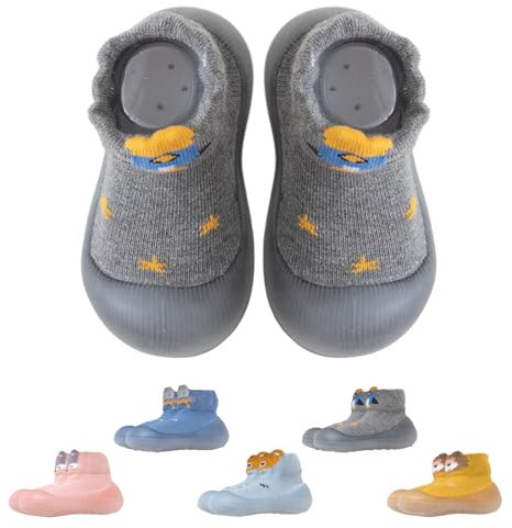 Zapatos de Calcetines Bebé Zapatos Primeros Pasos Antideslizantes Unisex, Lindos Calcetines de Niño de Dibujos Animados con Suela, T2 Gris, 12-18 Meses