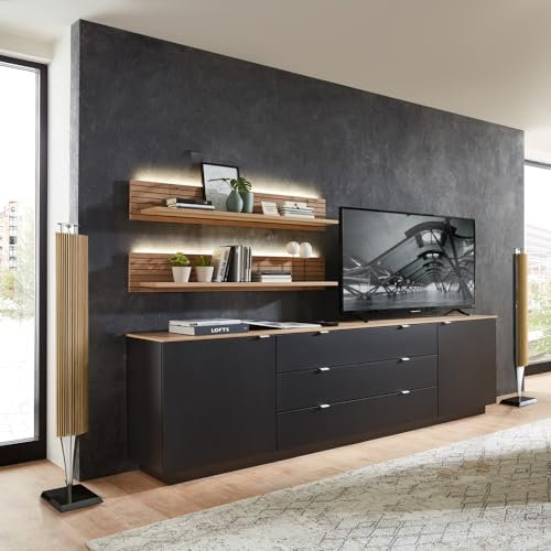 Lomadox TV Sideboard Set mit Wandregalen Fernsehschrank schwarz mit Eiche, Breite 240 cm inkl. LED Beleuchtung, Wohnwand, Fernsehwand