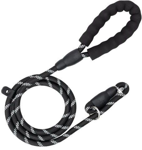 Rope Dog Lead - 1.5m Slip Lead with Soft Padded Handle, Reflective for Small to Large Dogs (Black)