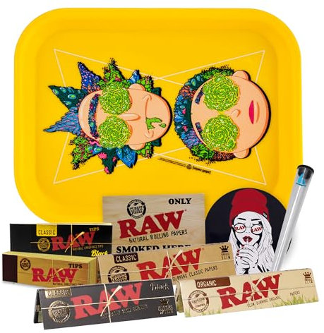Rolling Tray Rick and Morty original 27.5 x 17.5 cm + Airtight Tub + Raw papers KingSize Organic, Black, Classic + Tips + Stickers – Gift for smokers (Gelb)