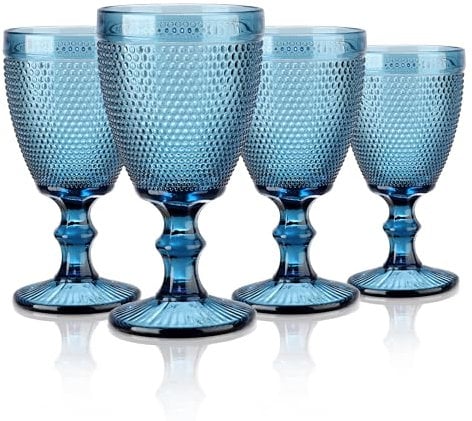 Joeyan Lot de 4 Verres à Vin Vintage Bleus de 300 ml Avec Petit Relief de Perles,Colorés Ensemble Gobelets à Vin Pour Boissons au Jus de Vin,Verres à Boire Rétro Avec Pied,Passent au Lave-Vaisselle