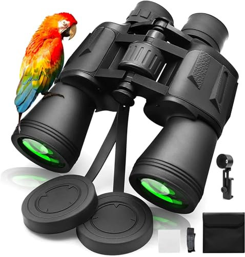 Prismaticos Largo Alcance 20x50,Prismáticos Adultos con Lente BAK4 Prisma FMC y Adaptador para Smartphone, Profesionales Prismáticos de Alta Resolución para Observación de aves Viajes Juegos de Fútbol