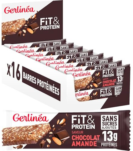 Gerlinéa Fit&Protein - Barres Protéinées saveur Chocolat Amandes - Sans Sucres Ajoutés - 13 gr protéines par barre de 45g - Protéines Après le Sport - 16 barres