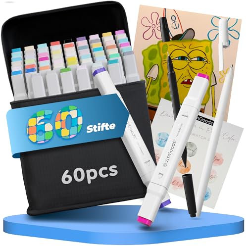 2mGoods 60 farben Filzstifte mit Doppelspitze, Copic Marker Set, Twin Marker, Alkoholmarker für Erwachsene, color pens, schnelltrocknend, geruchsarm, lichtbeständig, ideal für Kunst und Skizzen