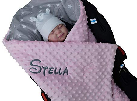 BotoBaby ★ Zweilagige Babydecke mit Namen und Datum Bestickt ★ Minky ★ Baumwolle ★ Füllung ★ (Rosa - Sternen 3, 90 x 90 cm - Babyschale)