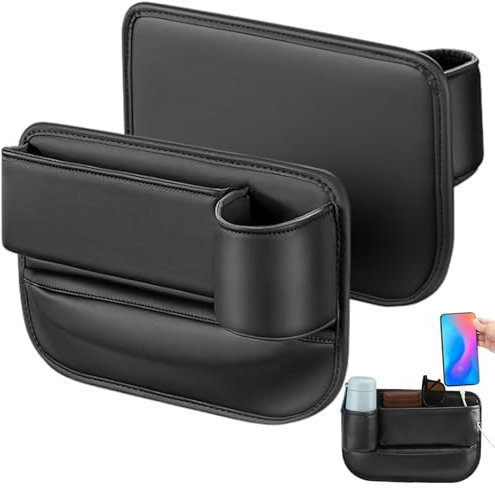 shirylzee 2Pcs Car Seat Gap Filler Organizer Leather Car Seat Storage Box Universal Side Seat Car Organizer with Cup Holder, Cable Hole for Phones Keys Sunglasses Cards