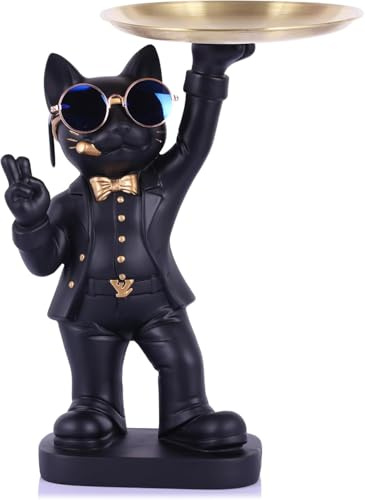 LINYTHER Katzenschale, lustige Katzenstatue mit Tablett, Dekoration und moderner Schlüsselhalter für den Eingangstisch, Butler, Nilpferd, Bulldogge, coole Statuen