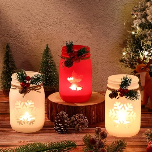 Honeydak 3 Pcs Christmas Table Centerpiece Decoration Set Rustic Mason Jar Tea Light Candle Holders with 6 Pcs Tealight Candles for Xmas Mason Decor Christmas Jars Supplies (Snowflakes Bells)