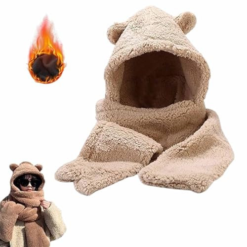 Frauen Mädchen Cartoon niedlichen Bären Wintermützen 2 in 1,Cartoon süße niedliche Bärenohren Plüschmütze,Winter warm Flauschige Mütze,Schal Frauen warm Winter dick warm (1Stück-D,Einheitsgröße)