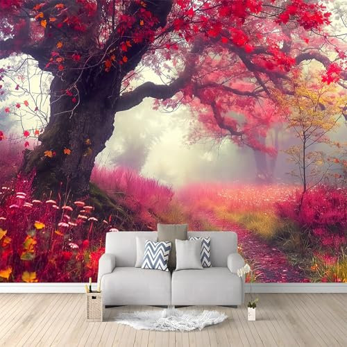 Tapete Wandbild 3D Fototapete Natur Herbst Wald Rote Blätter Rot Vliestapete Wandtapete Foto für Modernes Design der Fernseh Hintergrund Wand-Kunst-Deko, 250x175 cm