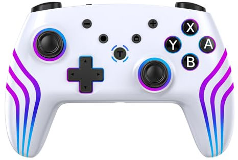 MYSTILUCK Mando Inalámbrico Pro para Switch/Switch 2/Lite/OLED/PC, Controller con Iluminación RGB Cambiante en 7 Colores/Vibración Dual/Giroscopio de 6 Ejes/Turbo, Mando con Diseño Ergonómico, Blanco