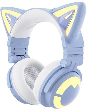 YOWU RGB Cat Ear Headphone CE Wireless 5.2 Foldable Gaming Headset with SoundMage Acoustic System, Built-in Mic & Customizable Lighting and Effect via APP, Designed for Gamer Girs (Blue)