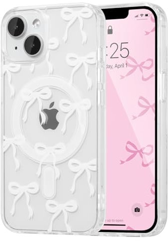 UEEBAI Magnetisch Hülle für iPhone 15, Niedliche Silikon Tansparent Handyhülle mit Schleife Schutzhülle mit Kabelloses Laden, Weiche Bumper Cover Case für Frauen Mädchen, Weiß