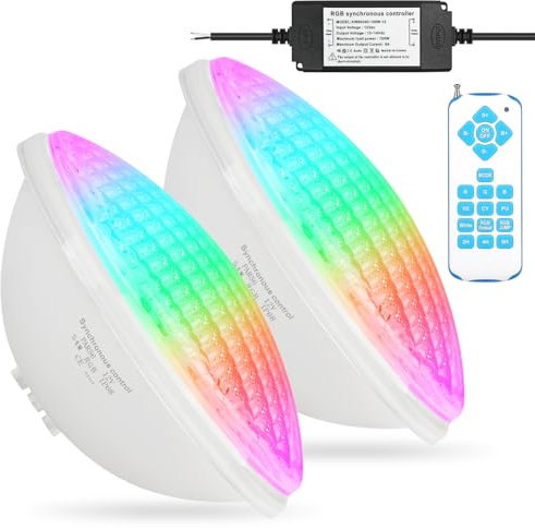 KWODE 54W LED Lampe Etanche Piscine PAR56, 12V RGB Timing 2/4/6H Ampoule LED Piscine, Synchronisation Avec L'extérieur de la Télécommande, IP68 étanche Piscine Lumière Avec Télécommande (2 pièce)