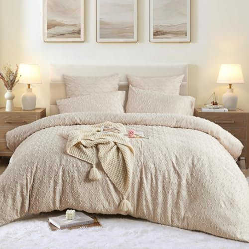 Luofanfei Bettwäsche 135x200 Beige Boho Style Wendebettwäsche Set Microfaser Stickerei Chic Geometrisches Muster Bettbezug und Kissenbezug 80x80cm mit Reißverschluss